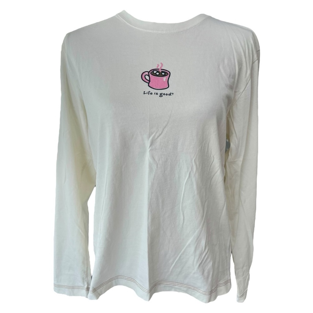 Life is Good. Women's Hot Cocoa Mug Long Sleeve Crusher Vee, Winter White, Sz. M